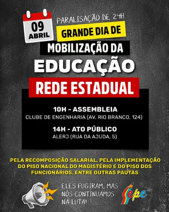 Profissionais de educação da rede estadual vão parar por 24h no dia 9 de abril